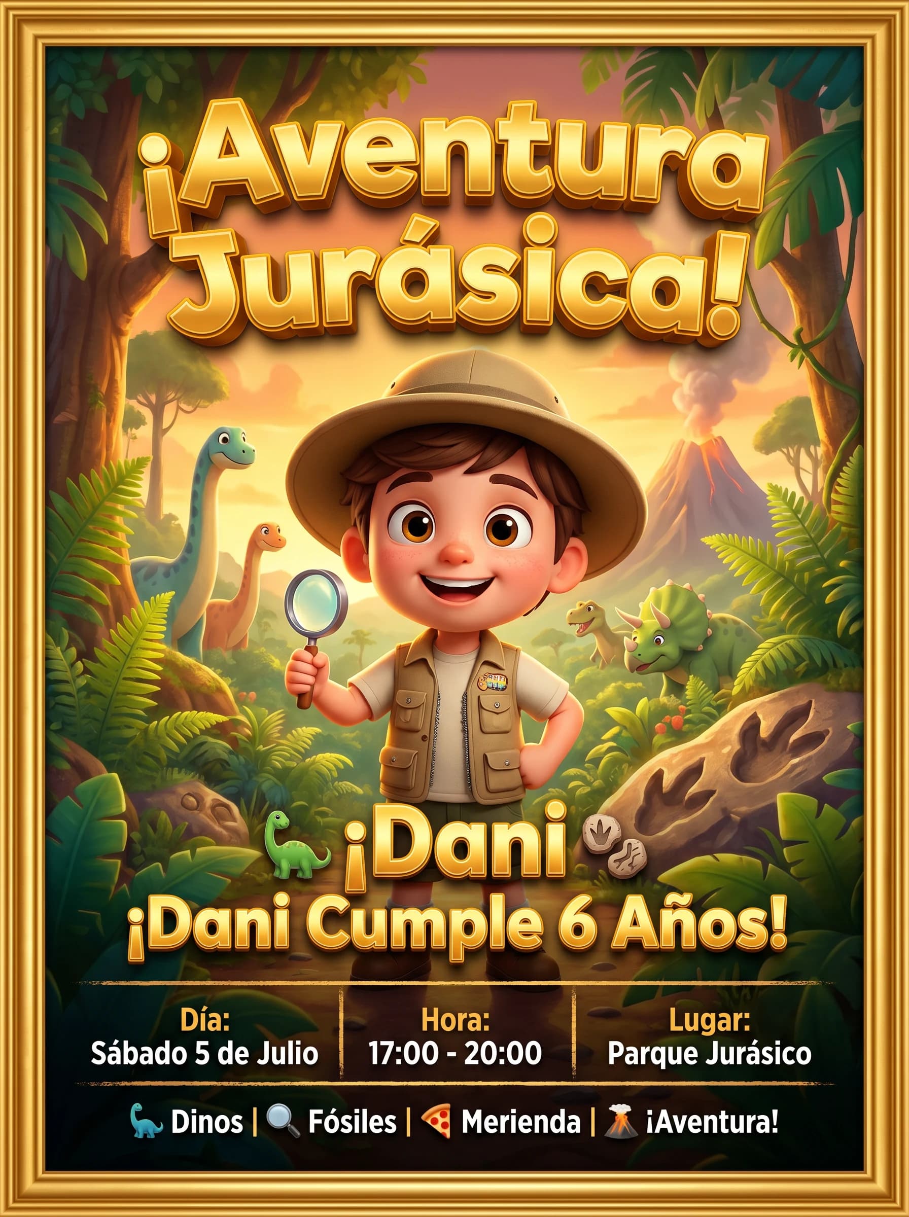 Invitación de cumpleaños de dinosaurios personalizada con IA y la foto de tu hijo