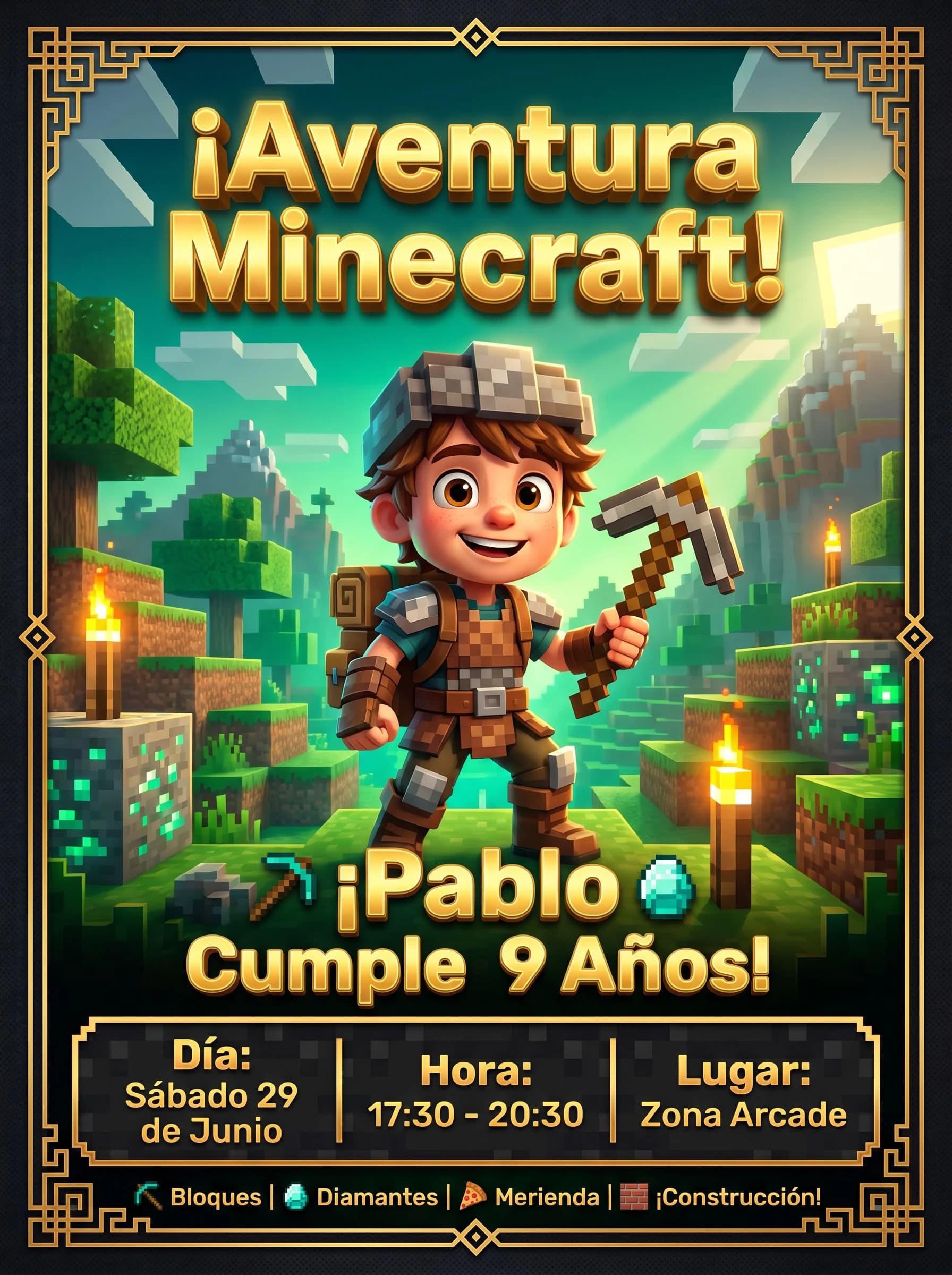 Invitación de cumpleaños estilo pixel y mundo de bloques con la foto de tu hijo en versión cartoon