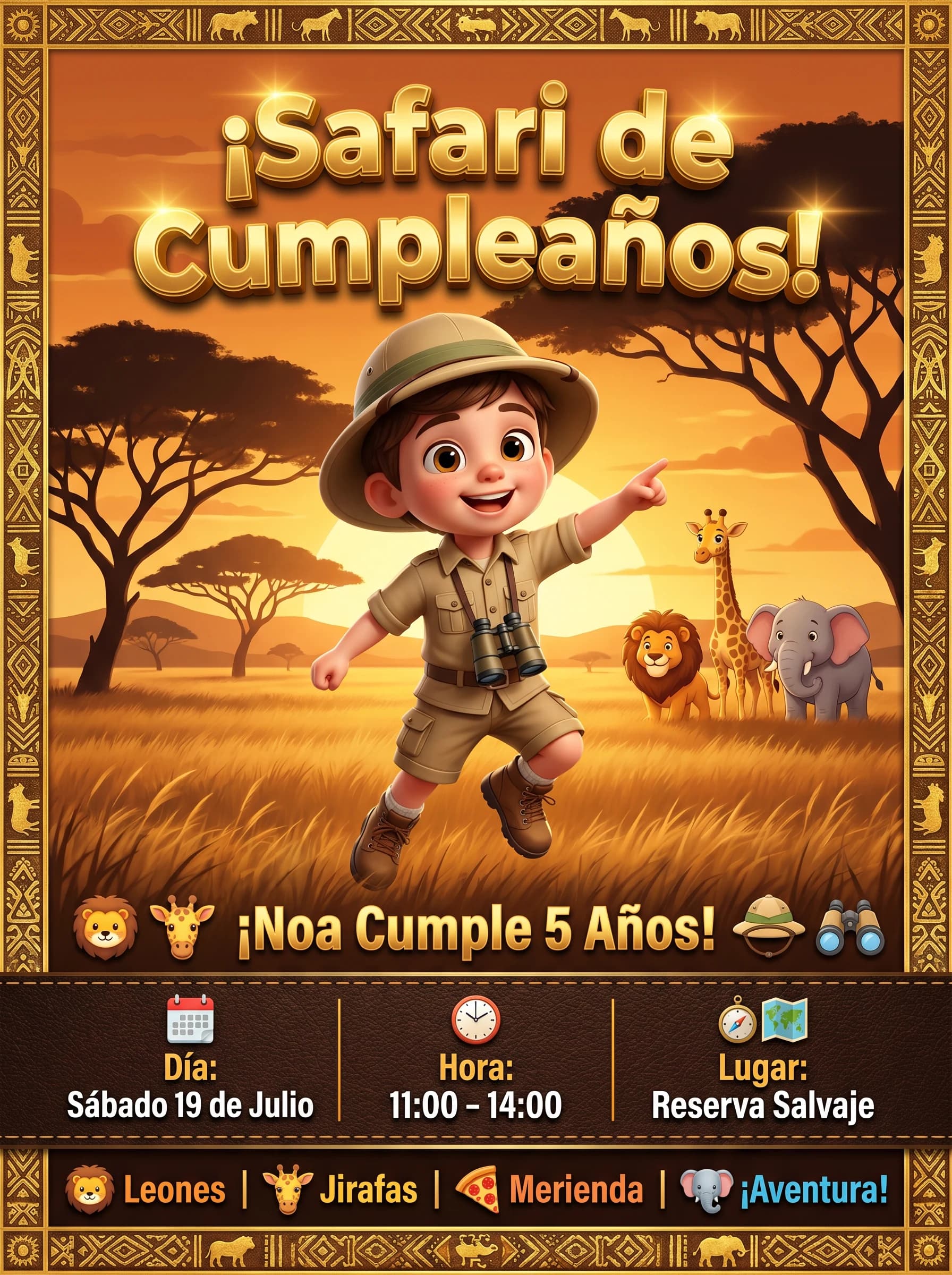 Invitación de cumpleaños de safari personalizada con IA y la foto de tu hijo como explorador
