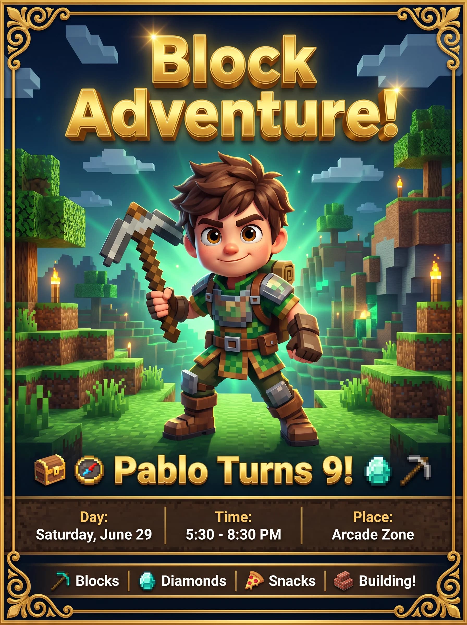 Pixel and block-world birthday invitation with your kid's photo as a cartoon character