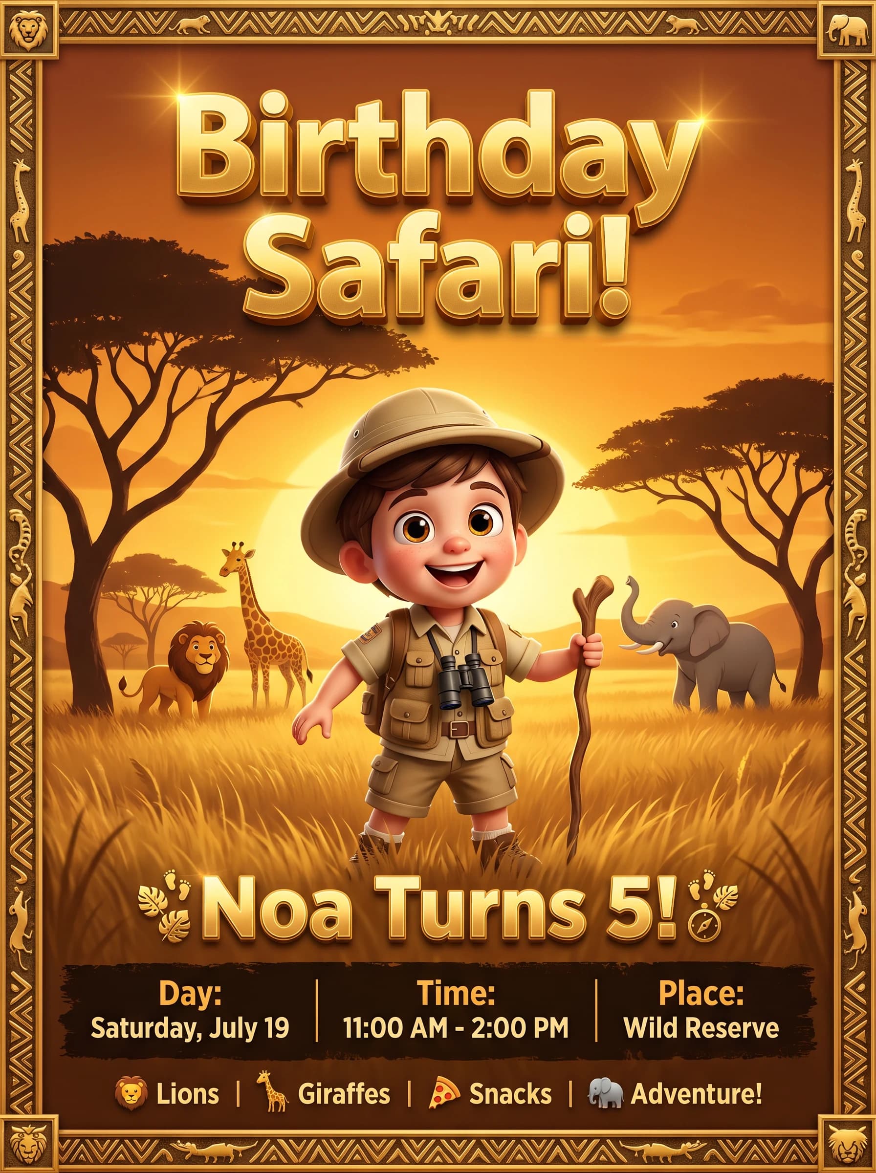 Safari birthday invitation personalized with AI and your kid's photo as an explorer