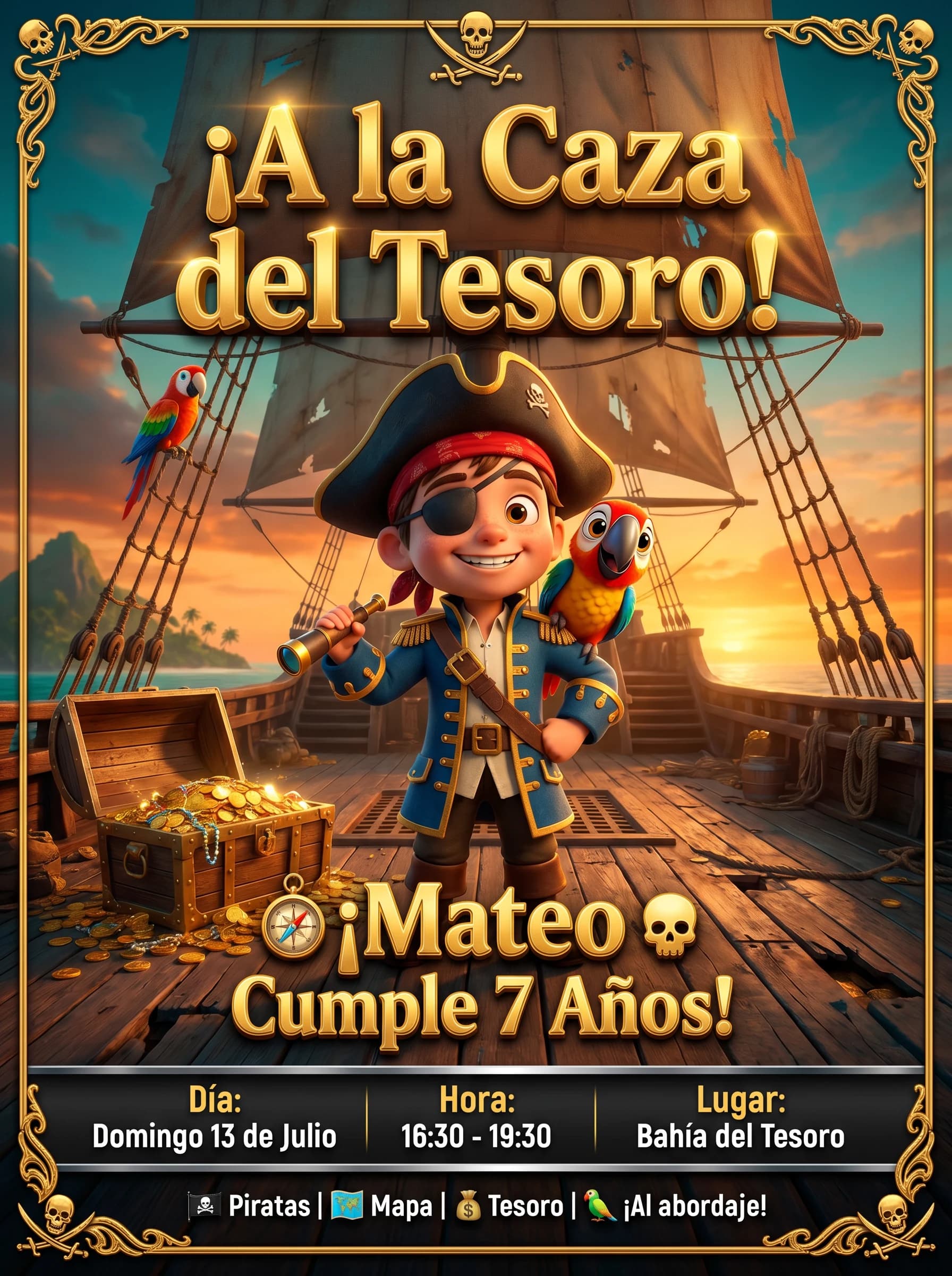 Invitación de cumpleaños de piratas personalizada con IA y la foto de tu hijo como capitán