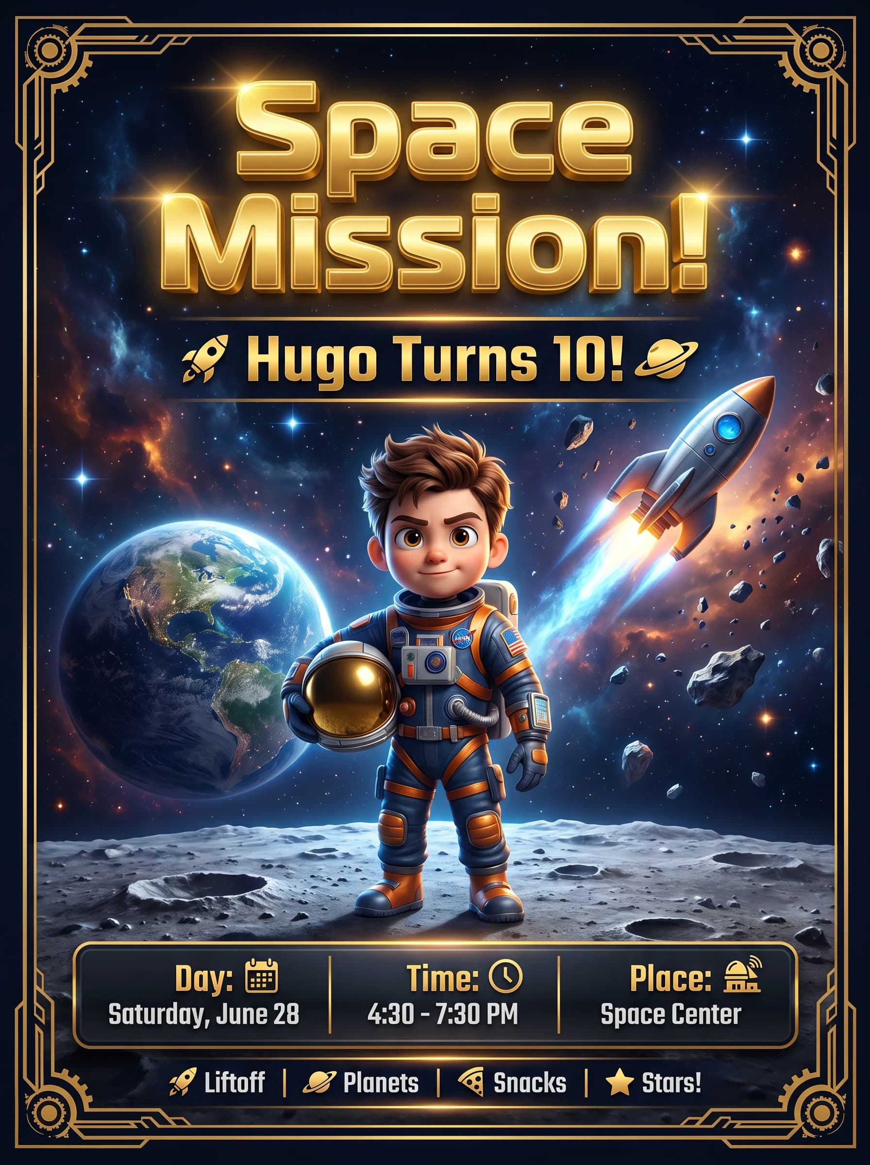 Space birthday invitation personalized with AI and your kid's photo as an astronaut