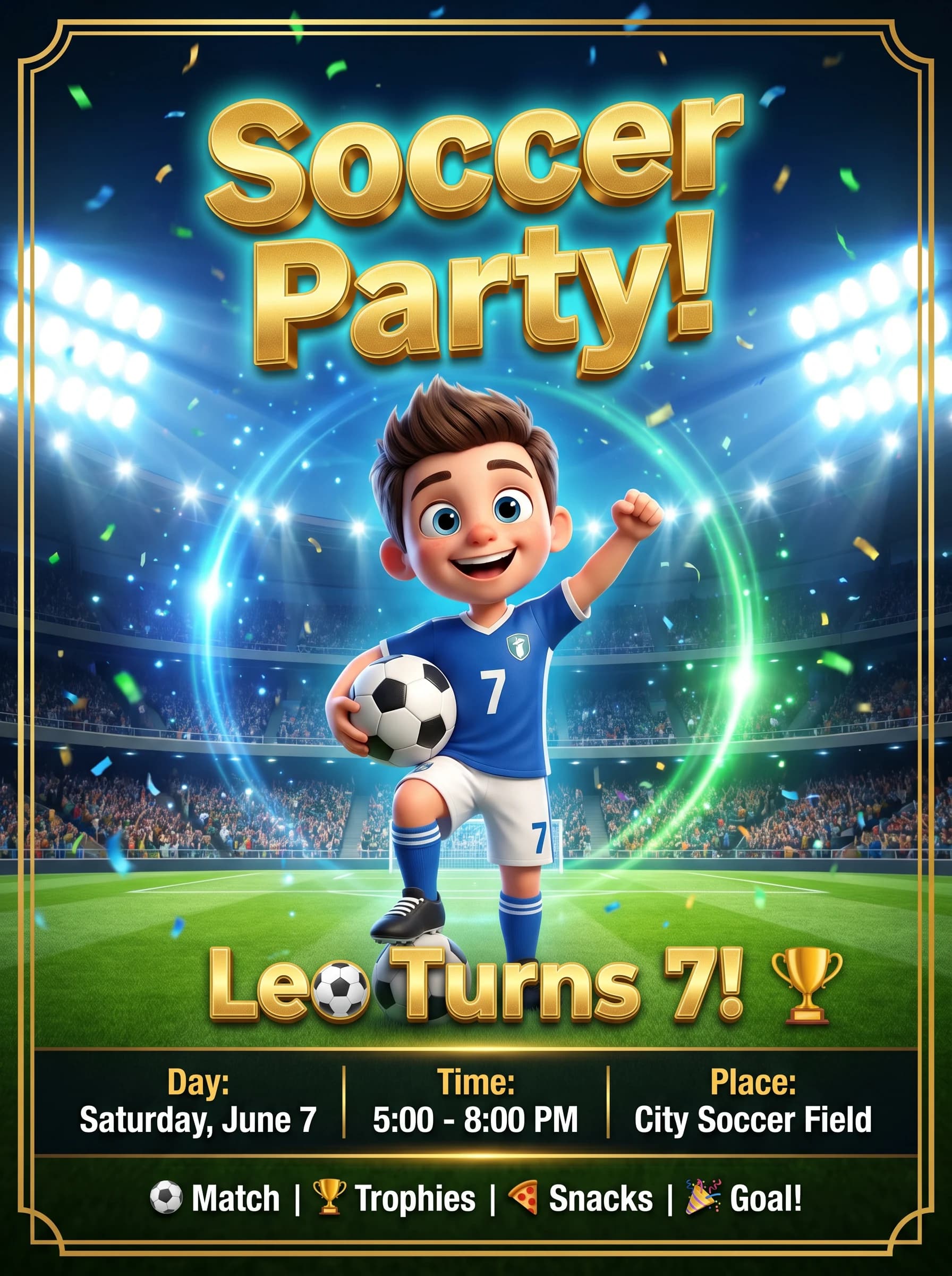 Soccer birthday invitation personalized with AI and your kid's photo