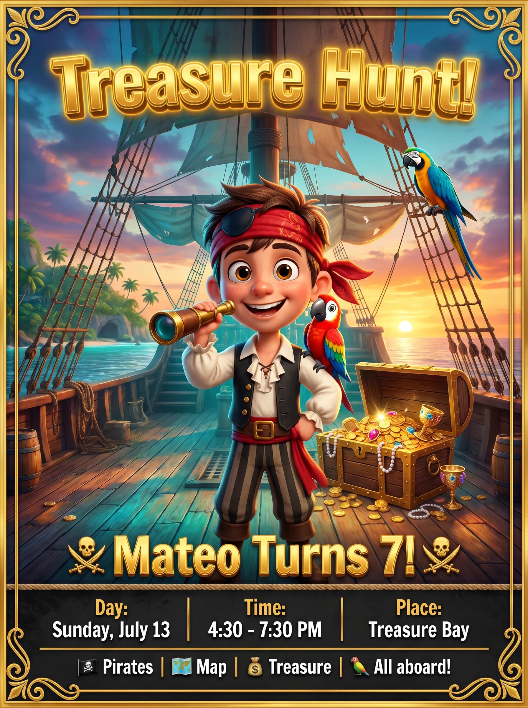 Pirate birthday invitation personalized with AI and your kid's photo as the captain