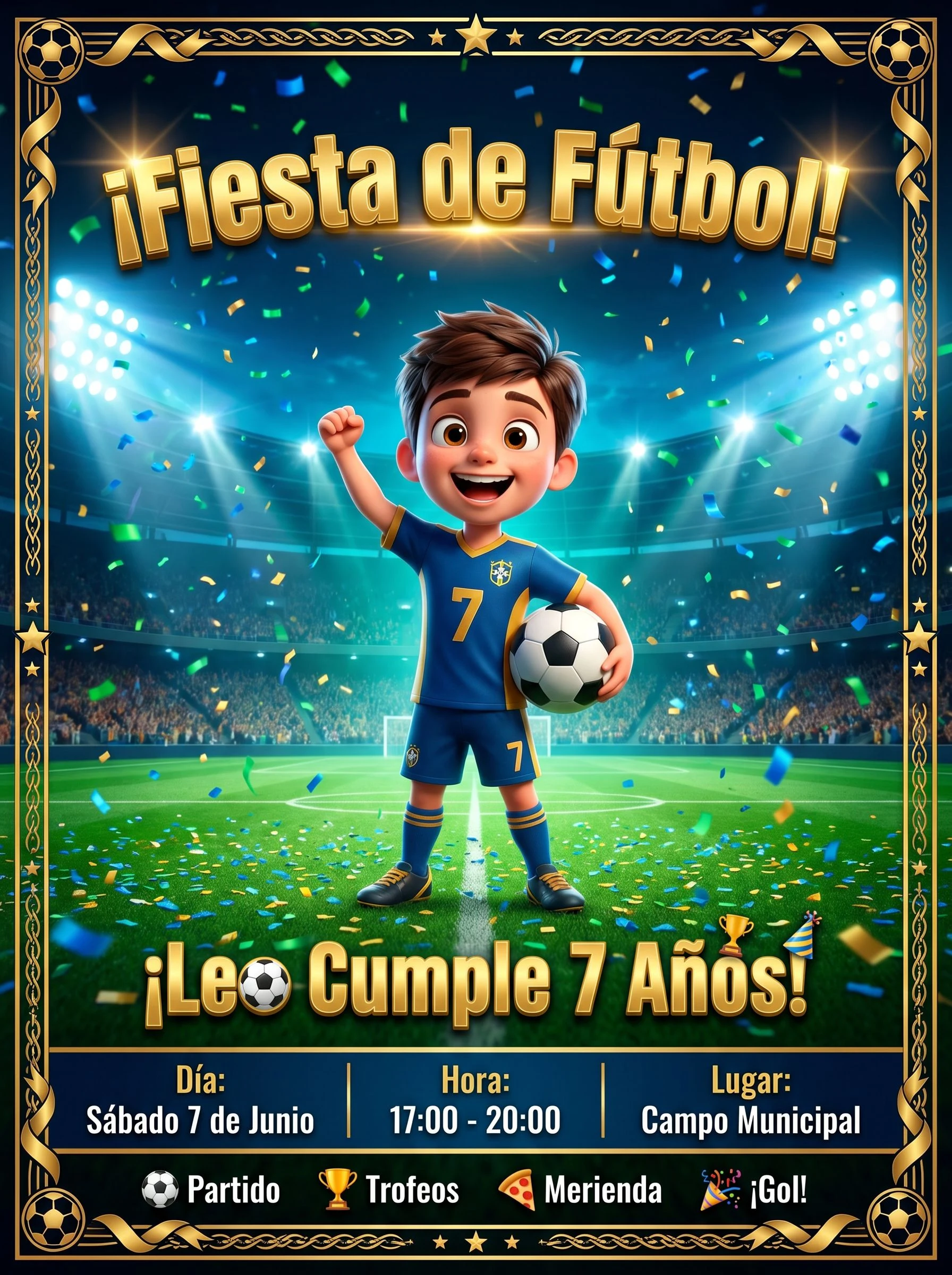 Invitación de cumpleaños con temática Fútbol para Leo, 7 años