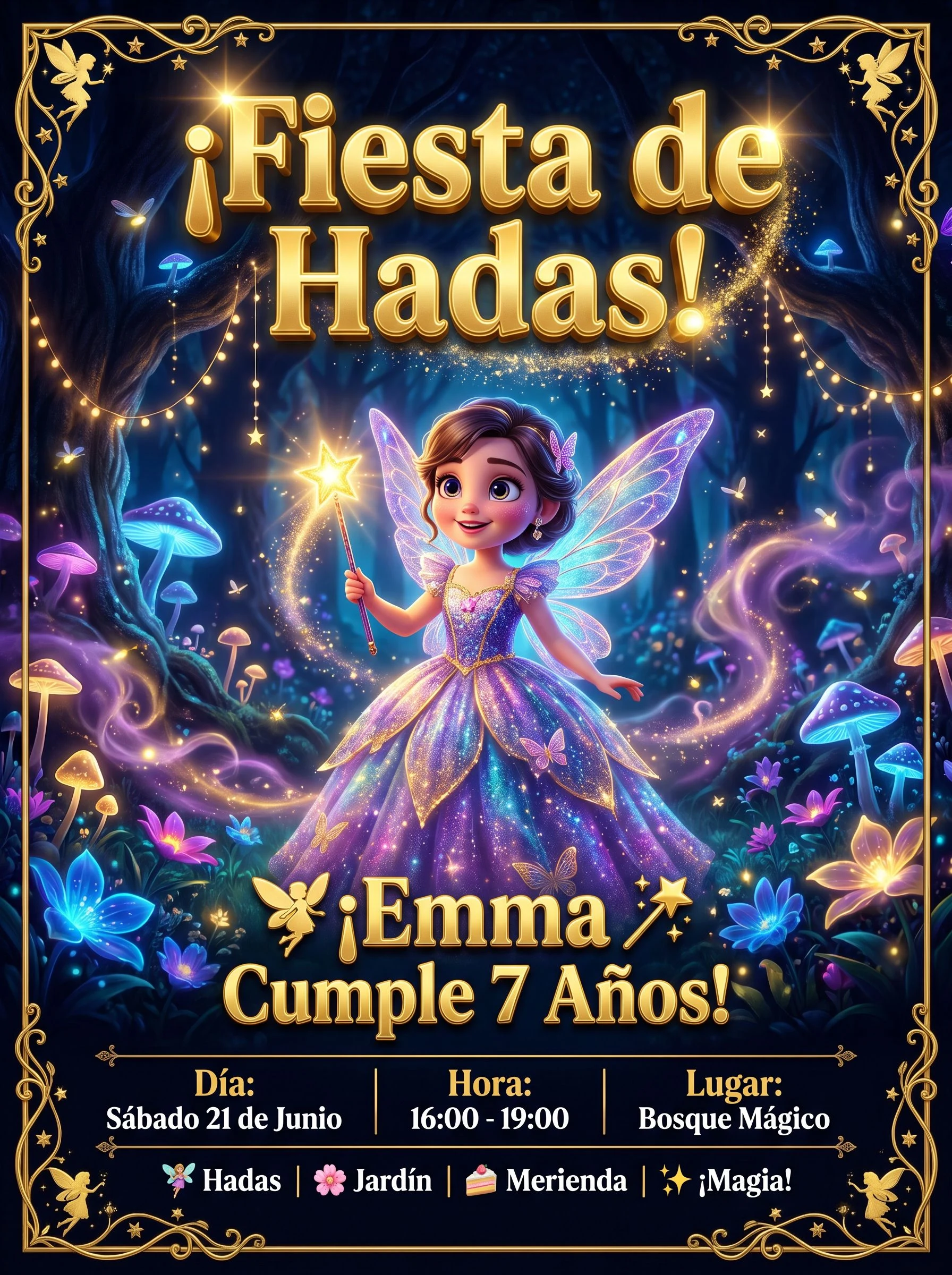 Invitación de cumpleaños con temática Hadas para Emma, 7 años