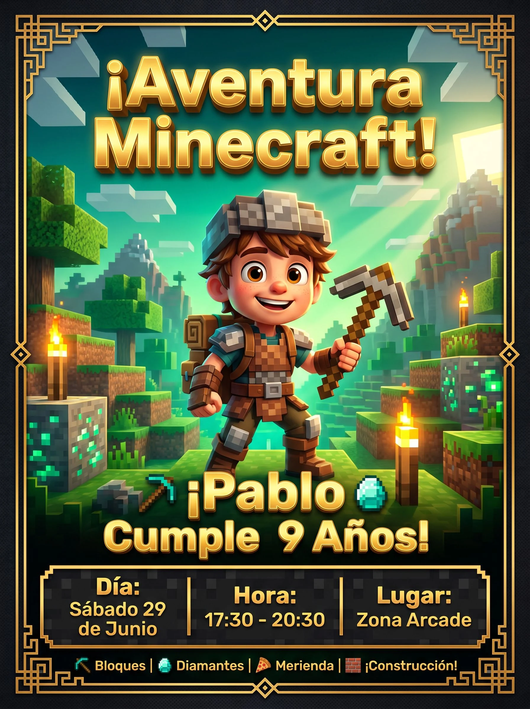 Invitación de cumpleaños con temática Minecraft para Pablo, 9 años