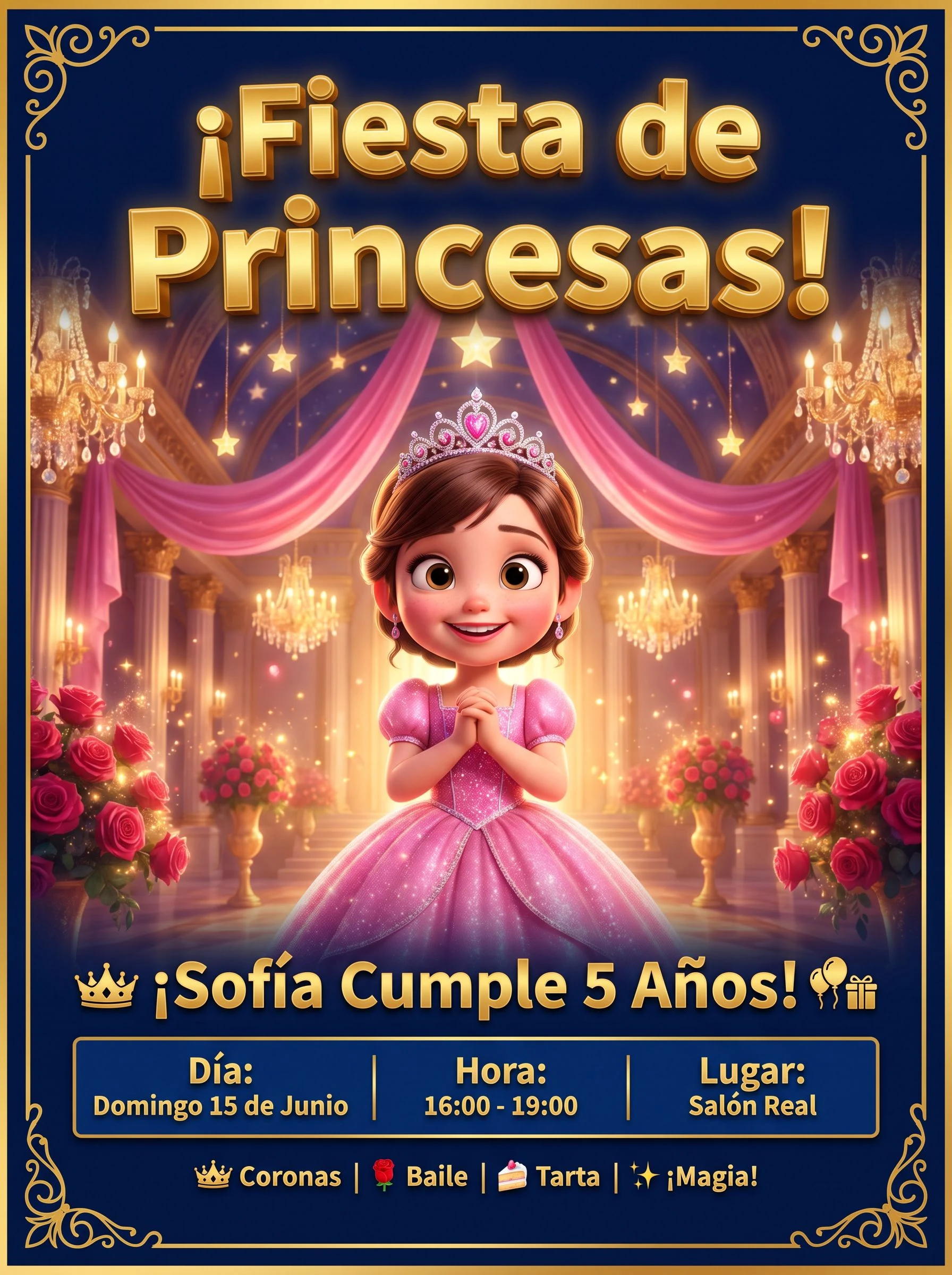 Invitación de cumpleaños con temática Princesas para Sofía, 5 años