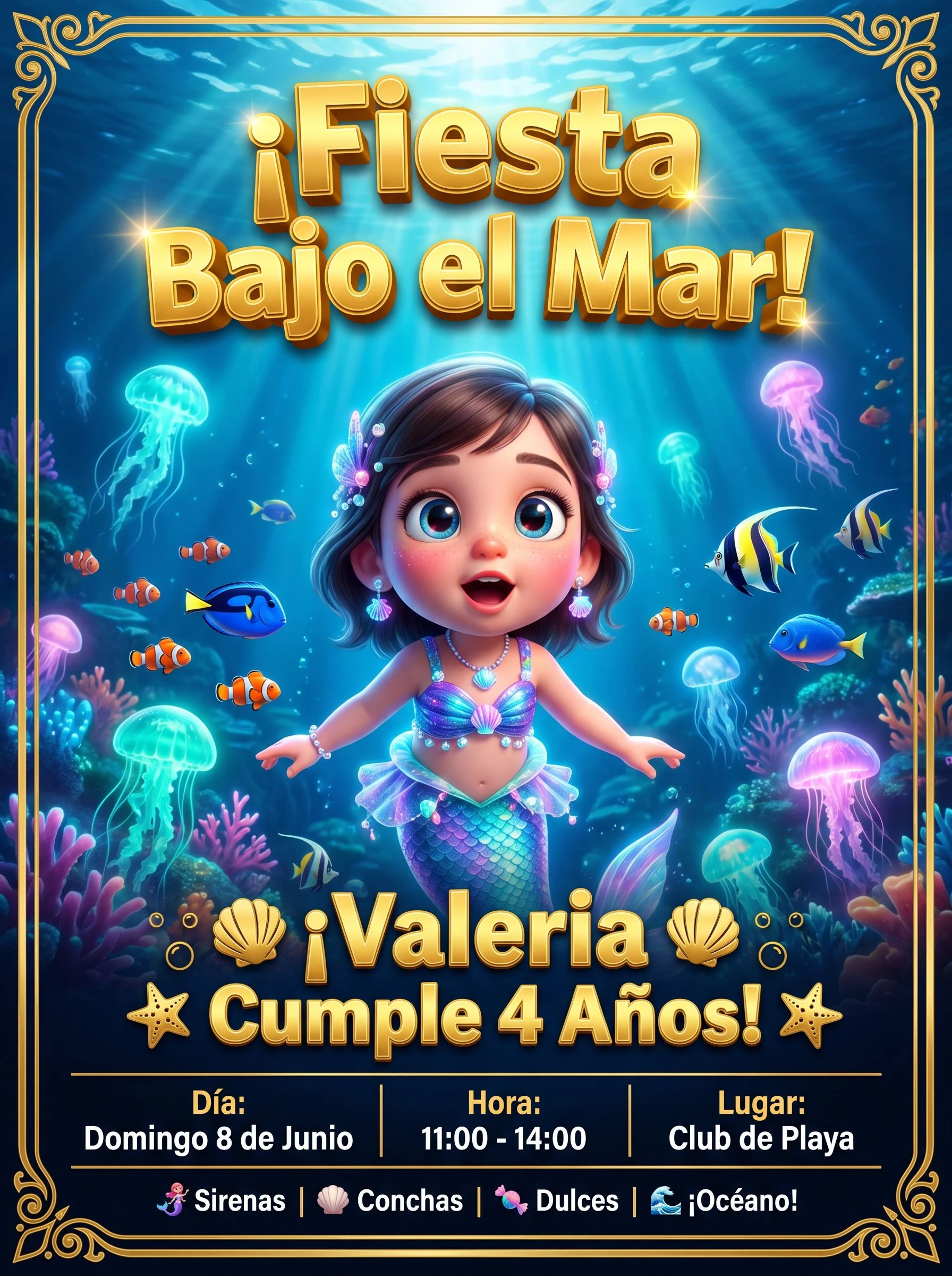 Invitación de cumpleaños con temática Sirenas para Valeria, 4 años
