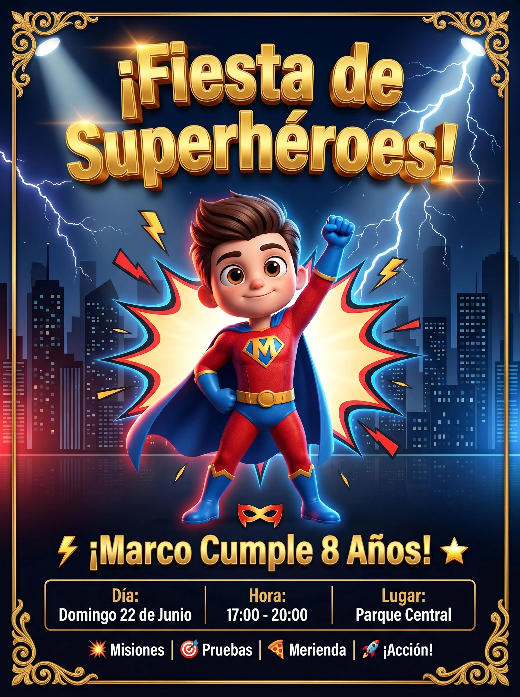 Invitación de cumpleaños con temática Superhéroes para Marco, 8 años