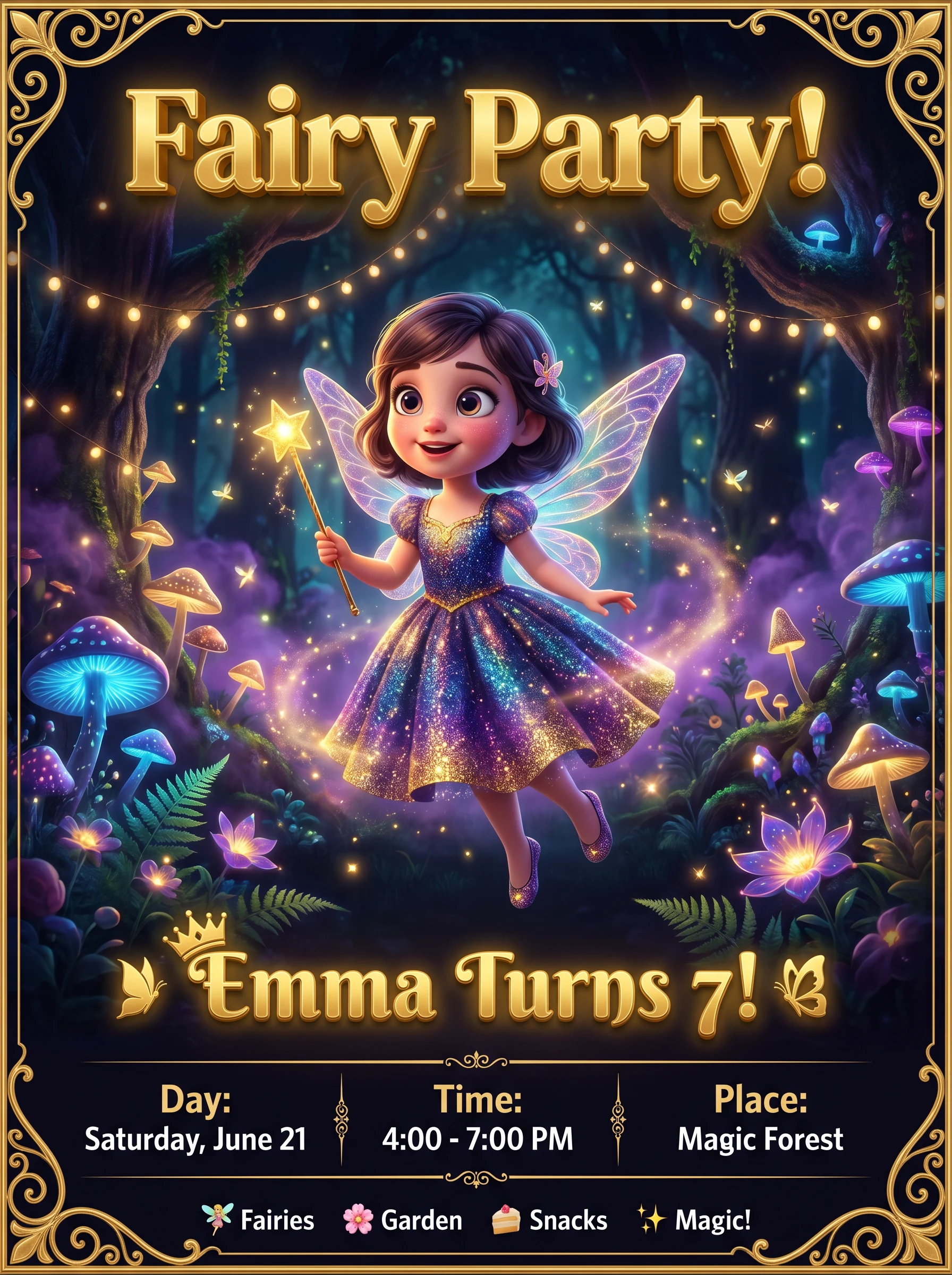 Fairies-themed birthday invitation for Emma, age 7