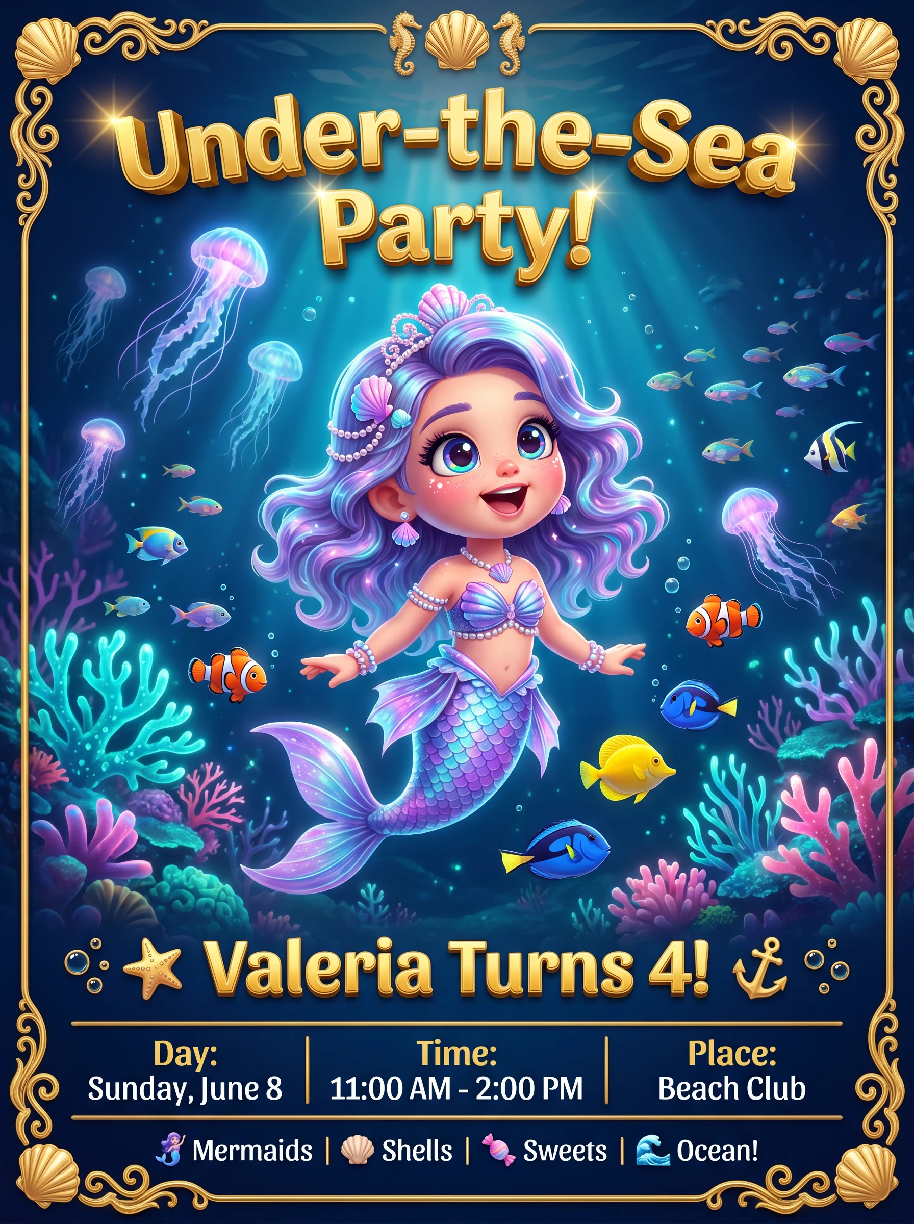 Mermaids-themed birthday invitation for Valeria, age 4