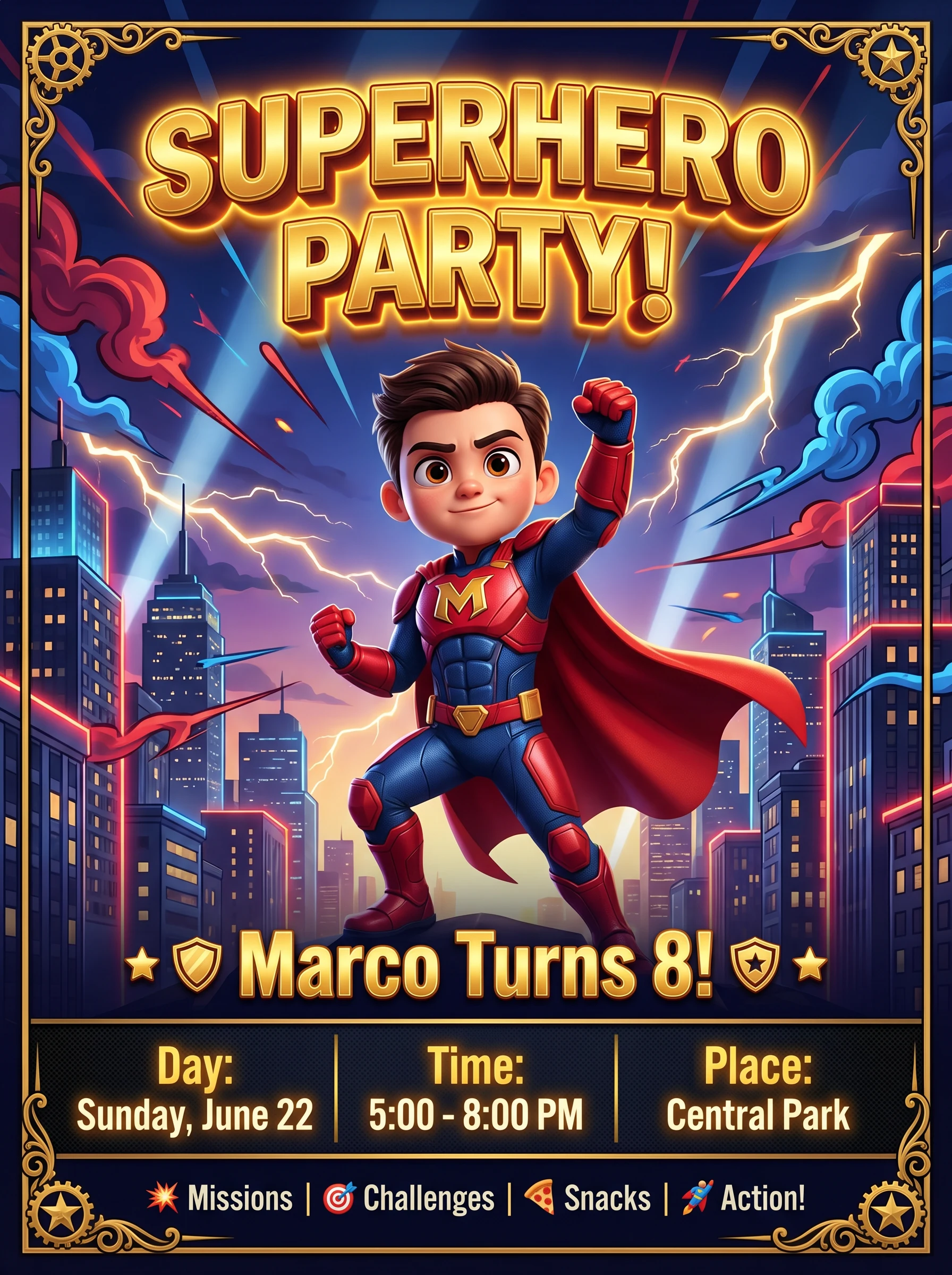 Superheroes-themed birthday invitation for Marco, age 8