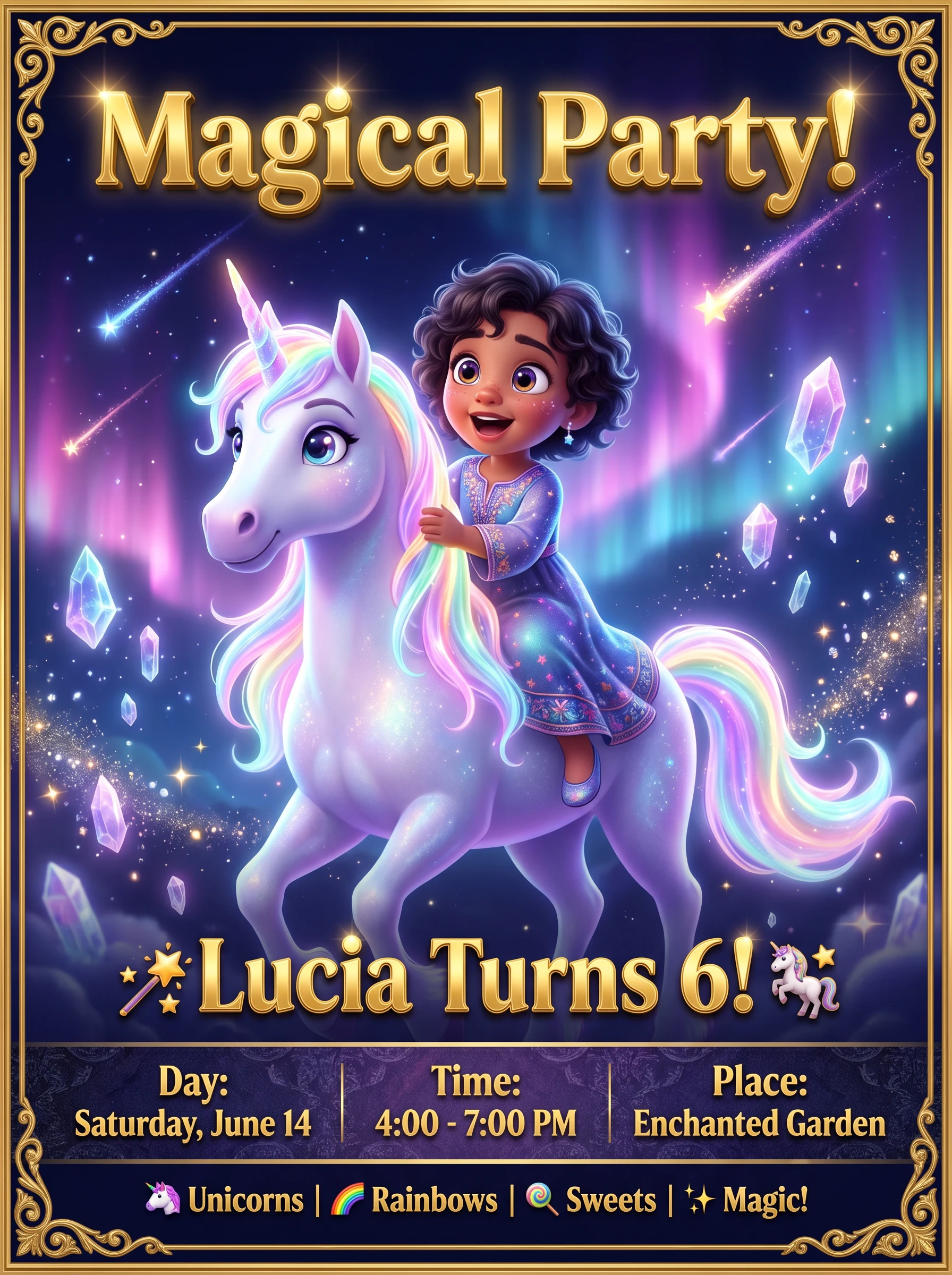 Unicorns-themed birthday invitation for Lucía, age 6